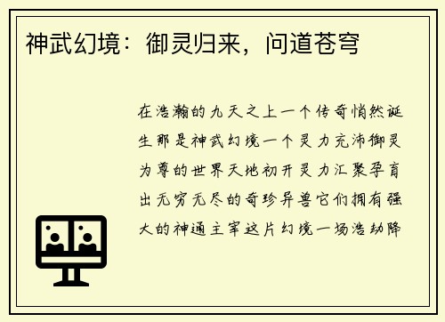 神武幻境：御灵归来，问道苍穹